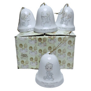 Precious Moments Christmas Ornaments Porcelain Bells Lot Of 4 Enesco w/ Box 1985